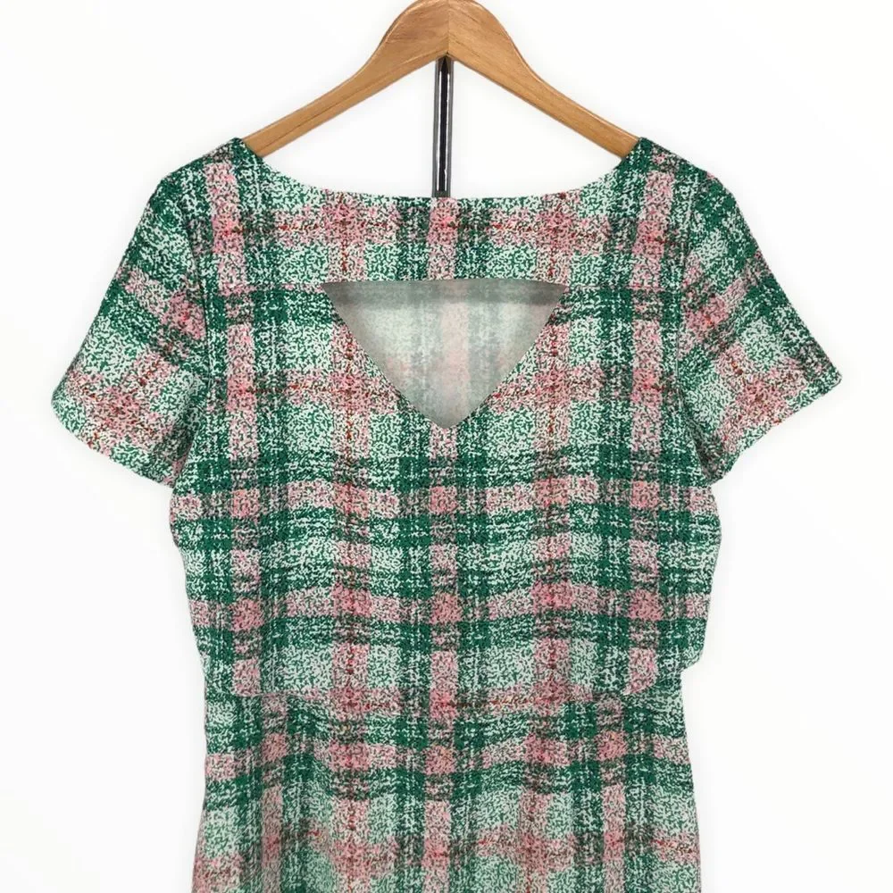 Cooper & Ella Pink Green Plaid Print Back Cutout Short Sleeve Dress size Small - Picture 6 of 12